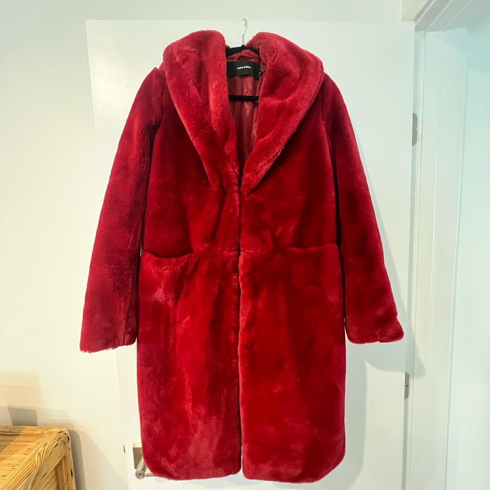 Like new faux fur cherry red lined jacket